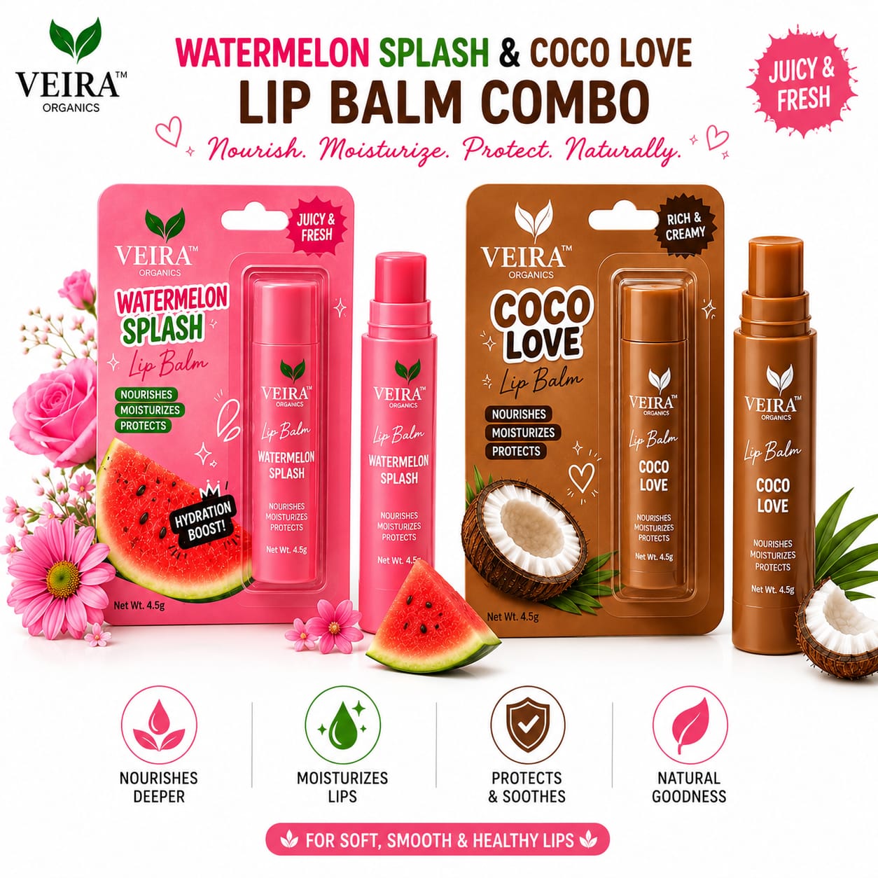 Watermelon Splash & Coco Love Lip Balm Combo | Deep Nourishing & Moisturizing Lip Care Duo