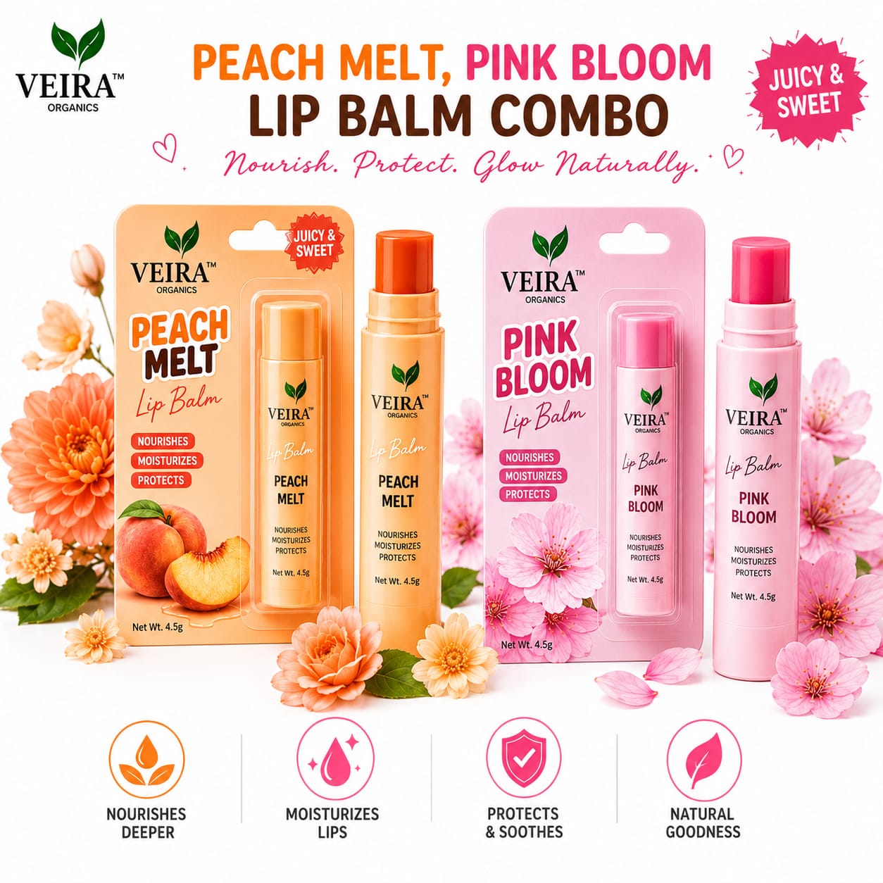 Peach Melt & Pink Bloom Lip Balm Combo | Deep Nourishing & Moisturizing Lip Care Duo