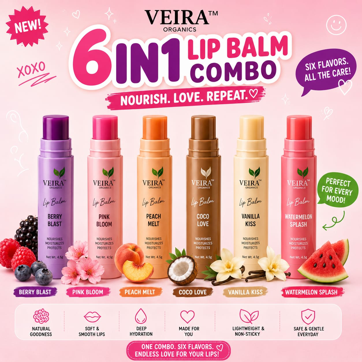 6 in 1 Lip Balm Combo | Berry, Pink, Peach, Coco, Vanilla & Watermelon Lip Care Set